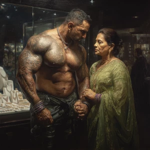 Hyperrealistic oil painting.a muscular beefy tattoed gujarati sw...