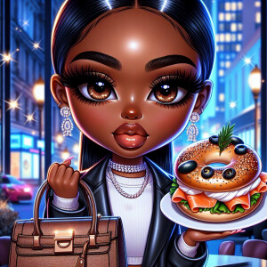 A high-gloss chibi-style African American girl with brown eyes,...