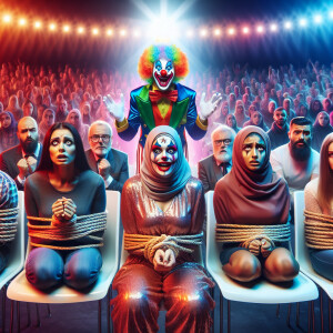 People tied to their chairs stare in horror at the scary clown w...