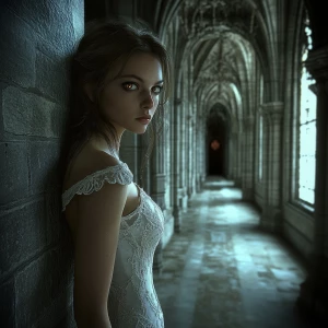 A dimly lit gothic cathedral hallway with intricate stone and we...