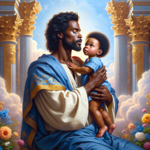 Classical oil painting style depicting an African-American Jesus...