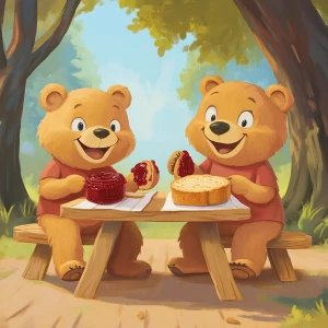 Two cute cartoon bears spreading jam on bread, sitting at a picn...