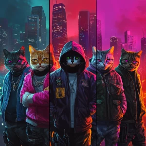 A group of five gangster cats, each with unique outfits (hoodie,...