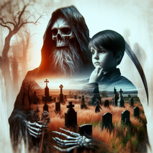 a double exposure art of a grim reaper portrait. Inside the port...