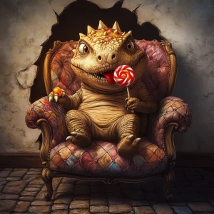 A cute little dinosaur with a fun, happy expression, is sitting on a vintage quilted reading chair.  His head shows the nobbed spikes of a dinosaur. He has a bright shiny red lollipop in his hand and is licking it. His tongue shows that he is licking the lollipop. The scene is shown in dark lighting with the light accetuated on the dinosaur. The scene is shown through a hole in the wall. The floor part of the scene is vintage dark cobble stones. The hole in the white wall is realistic.