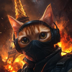 A wide-eyed ginger cat wearing a black tactical balaclava and mi...
