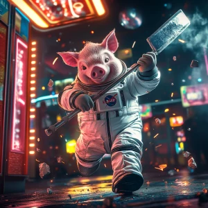 Cartoonish realistic pig in vintage white NASA style closed spac...