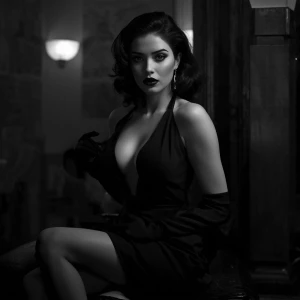 Create an image of a femme fatale, depicted as a captivating wom...