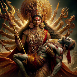 portrait of angry looking goddess durga  carrying a weak mahishasur in her arms and stabbing him with her amazingly designed trident. She is wearing a huge gold crown, red saree, abundant  gold jewelry, covered in blood. The scene is set in ancient India. The image is 8K resolution, cinematic, ultra detailed face and epic.