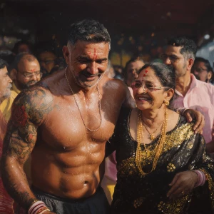 Hyperrealism oil painting .a muscular beefy sweaty tattoed india...