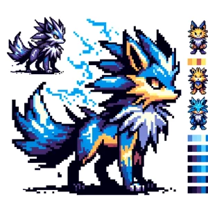 Pixel art of an electric-type fox or feline Pokémon facing front...