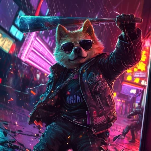DOGE MEME wearing sunglasses and a leather jacket, mid-swing wit...