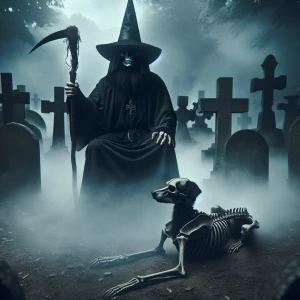 Create a realistic photo-style image of the Grim Reaper seated s...