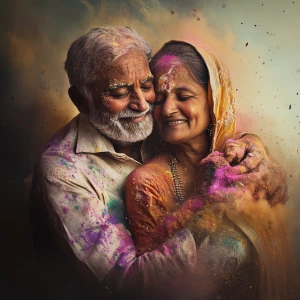 A robust Indian man joyously celebrates Holi with his conservati...