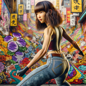 Athletic Thin skinny Attractive, Asian teenage girl, long brown hair and bangs, wearing tight skinny jeans and a halter top paint marks on her clothing, heroic pose Asian graffiti background, backside view