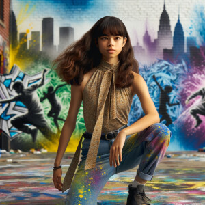 teenage girl, long brown hair and bangs, wearing tight skinny jeans and a halter top paint marks on her clothing, heroic pose Asian graffiti background, nearing on one knee