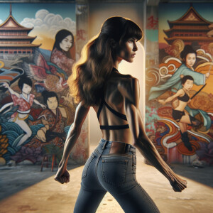 Athletic Thin skinny Attractive, Asian teenage girl, long brown hair and bangs, wearing tight skinny jeans and a halter top paint marks on her clothing, heroic pose Asian graffiti background, backside view