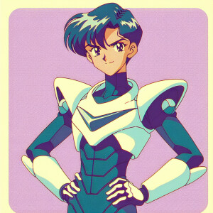 1990s anime screencap, girl a plugsuit, standing with hands on h...