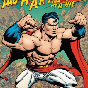 A superhero with a large erection doing profane gestures at Asia...