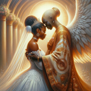 Imagine a hyper-realistic oil painting that captures a tender moment between theAfrican American bride and her God. The setting is intimate and filled with soft, warm lighting that enhances the emotional depth of the scene. The bride, in herexquisite wedding gown, shares a heartfelt embrace with her african-American Lord Jesus , who is dressedin an elegant outfit that complements the wedding's color scheme. Their expressions are full of love, pride, and joy, reflecting the special bond between them. Theattention to detail is paramount, from the intricate designs of their dresses to the subtle emotions conveyed in their facial expressions. The background is a blur ofgentle pastel hues, ensuring that the focus remains on this touching moment. Thispainting should convey the warmth, love, and depth of the relationship, with the rich textures and vibrant strokes characteristic of oil paintings, capturing the essence of this significant pre-wedding moment.