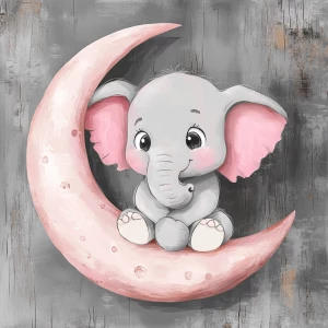 A cute, cartoon elephant sits on a stylized, rosy-pink crescent moon. The elephant is light gray with large, round, pink-spotted ears.  Its body is round and its trunk is curled gently upward.  The elephant's eyes are large and round, and its facial expression is happy and friendly. The elephant's legs and feet are visible, and its posture is relaxed, sitting. The moon is a soft, shaded pink, with watercolor-like texture and subtle shading. The background is a muted gray, resembling a wooden surface. The image is in a child-friendly style, showcasing delicate line work and color palettes. The composition is centered on the elephant, which is positioned on the moon. The overall style is sweet, whimsical, and reminiscent of children's book illustrations.  The colors are pastel and soothing, creating a gentle atmosphere.  Small, light pink polka dots accentuate the elephant's ears and trunk, enhancing the adorable aesthetic.