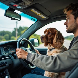 Cream Cocker spaniel behind steering wheel in car driving car. Dog holding onto steering wheel driving down road View of front of car . Dig looking out front window. Hood of . View outside of car