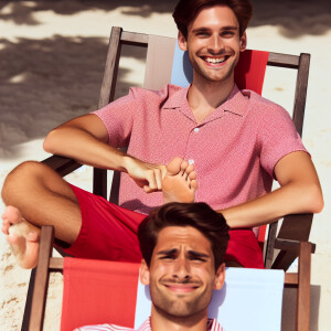 A smug young man with fair skin lounges casually in a beach chai...