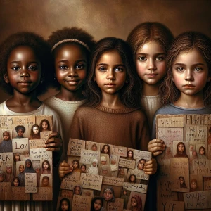 Portrait of brown-skinned girls holding signs with quotes about...