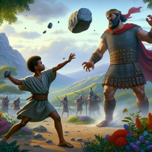 A realistic digital painting of the biblical scene with both Dav...