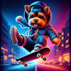 A yorkie wearing Jeanshose and Hoody, colorful, anthropomorphic,...