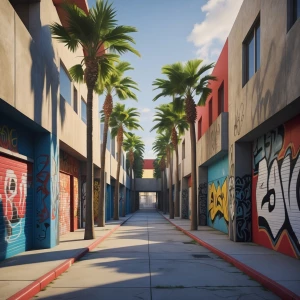 Los Angeles with graffiti art in alleys ground level.