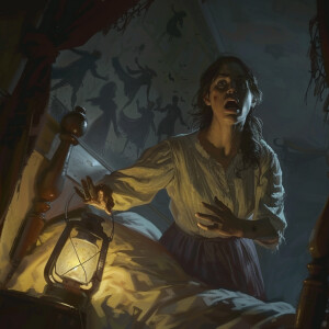 AI Image: Sarah, in bed, startled and holding a lantern as shado...