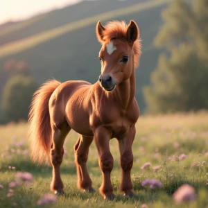 A stunningly realistic chestnut baby horse (foal) standing in a...
