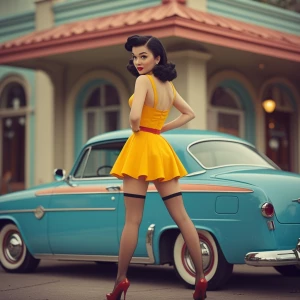 Create an image of a 1950s-style pin-up girl with dark hair, sta...