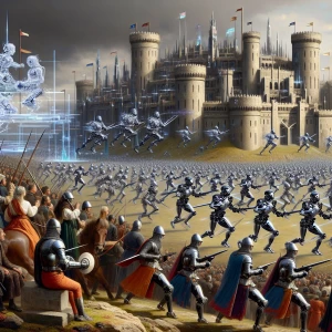 A chaotic battlefield with knights in traditional plate armor fighting alongside humanoid robots armed with futuristic rifles. The background features a massive stone fortress enhanced with holographic banners and digital defenses