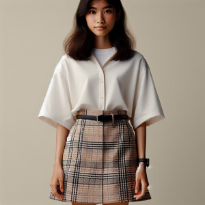 Photo of petite young woman wearing plad skirt and white shirt,...