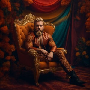 A King with blonde hair and beard muscle body hairy chest wearin...