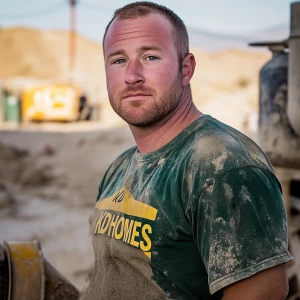 Brian Nobles a real 28 year old Caucasian male who is using  a concrete mixer, he is a  pump operator holding the hose which carries the liquid concrete to the foundation pour, Brian is slowly  beginning his transition into adult maturity , Brian Nobles is beginning to look like a grown man, he has large reflective blue eyes and a wrinkled brow,Brian is now balding , prominent large protruding round fat obese belly,,thick greying goatee beard, healthy muscle mass ,very noticeable male pattern balding hairline, Brian Nobles now has a  prominent receding and thinning male hairline (onset male pattern baldness), slightly fat overweight(Caucasian)wearing tight body conforming  glossy satin shiny green and gold tight fitting body conforming UnderArmour athletic bodysuit,emblazoned with the "KD HOMES" real estate logo, standing confidently in front of a newly completed constructed new KD HOME in Victorville California in a raw desert landscape. Brian has a protruding fat obese muscular physique, large male bulge, fat obese muscular frame , shows a substantial frame with a noticeable mature hairline and expressive eyes. His workman’s  pose should reflect his experience in his trade.