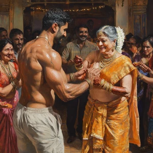 Realism painting,A muscular, sweaty man joyously celebrates Diwa...