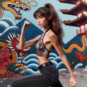 Very thin Athletic Thin skinny Attractive, Asian teenage girl, long brown hair and bangs, wearing tight skinny jeans and a halter top paint marks on her clothing, heroic sideways pose Asian graffiti background