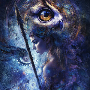 Create a mid-level portrait of Athena, from the waist up, with a...