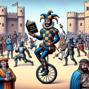 The Wise Fool": A jester with a paradoxical aura of wisdom, hold...