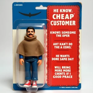 Create a product packaging for an action figure called "Cheap Cu...
