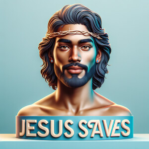 "Create a 3D realistic artwork featuring the phrase 'Jesus Saves...