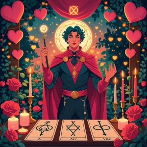 Create a detailed illustration of The Magician tarot card, featu...
