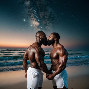 Two muscular men black beard bodybuilders, shirtless and wearing...
