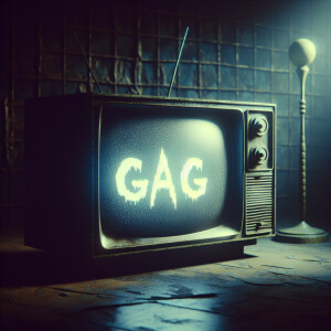 Eerie scene of a tube tv with the word “GAG” on the screen