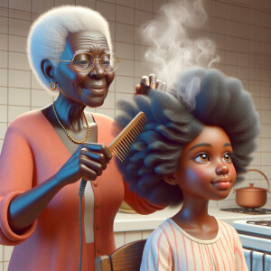 Create a realistic 3-D image of an african-American grandmother in the kitchen with her african-American granddaughter. The grandmother has a hot comb in her hair and she is straightening her granddaughters hair. One side of her granddaughters hair is in  a Afro the other is bone straight 
There is smoke coming from the hot comb