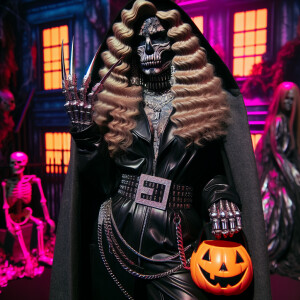 “A fierce Horror Mom draped in a long, oversized hoodie with flo...