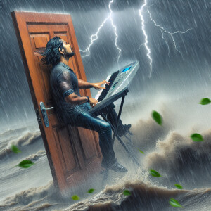 a guy playing "Riders On The Storm" by The Doors while riding on...